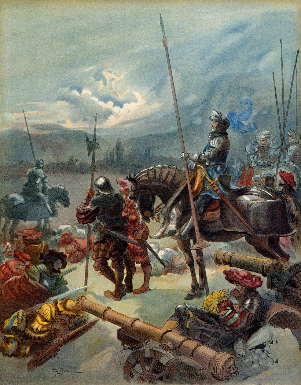 Piąta wojna włoska (1515-1516): noc Marignan (Włochy), między 13 a 14 września 1515 r. Ilustracja autorstwa Albert Robida
