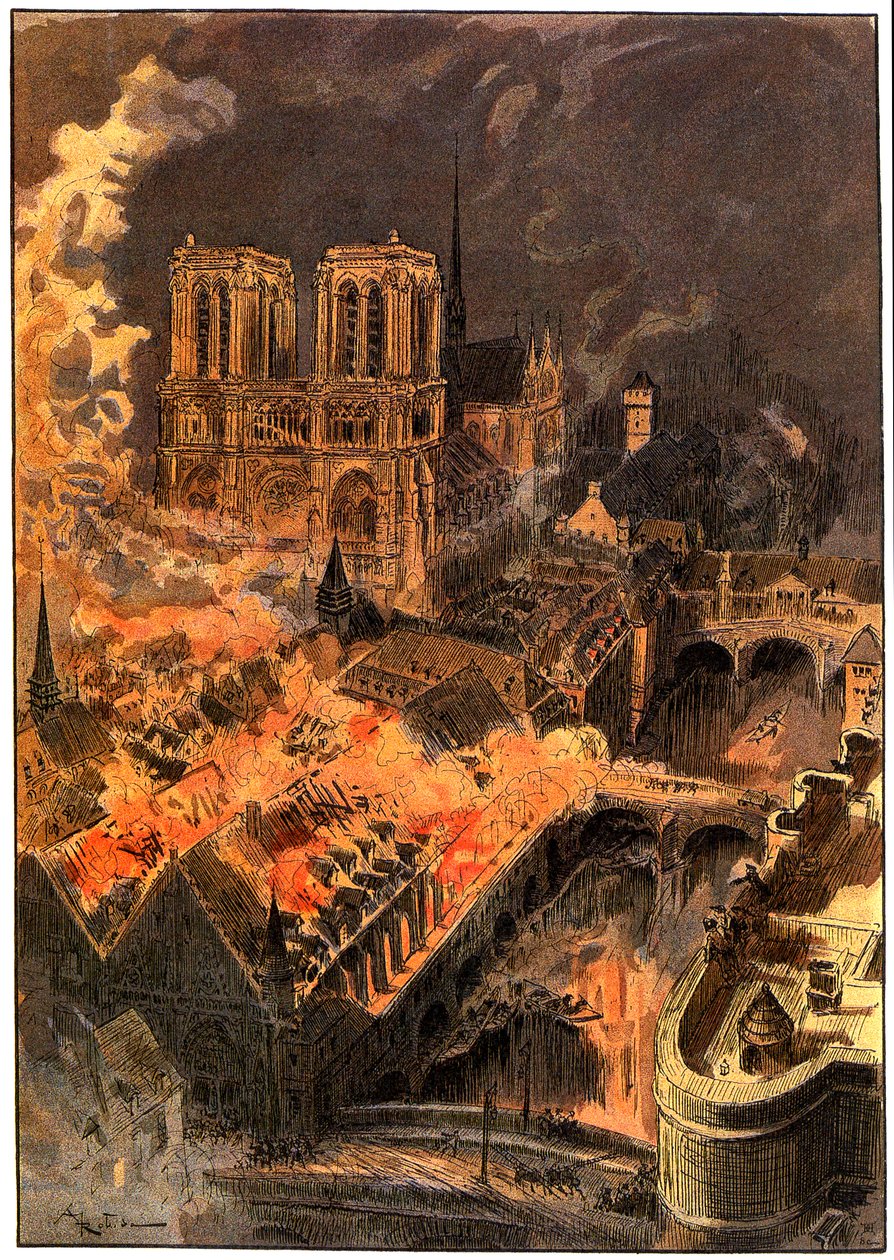 Pożar w Hotel-Dieu, niedaleko Notre-Dame de Paris, w nocy z 29 na 30 grudnia autorstwa Albert Robida