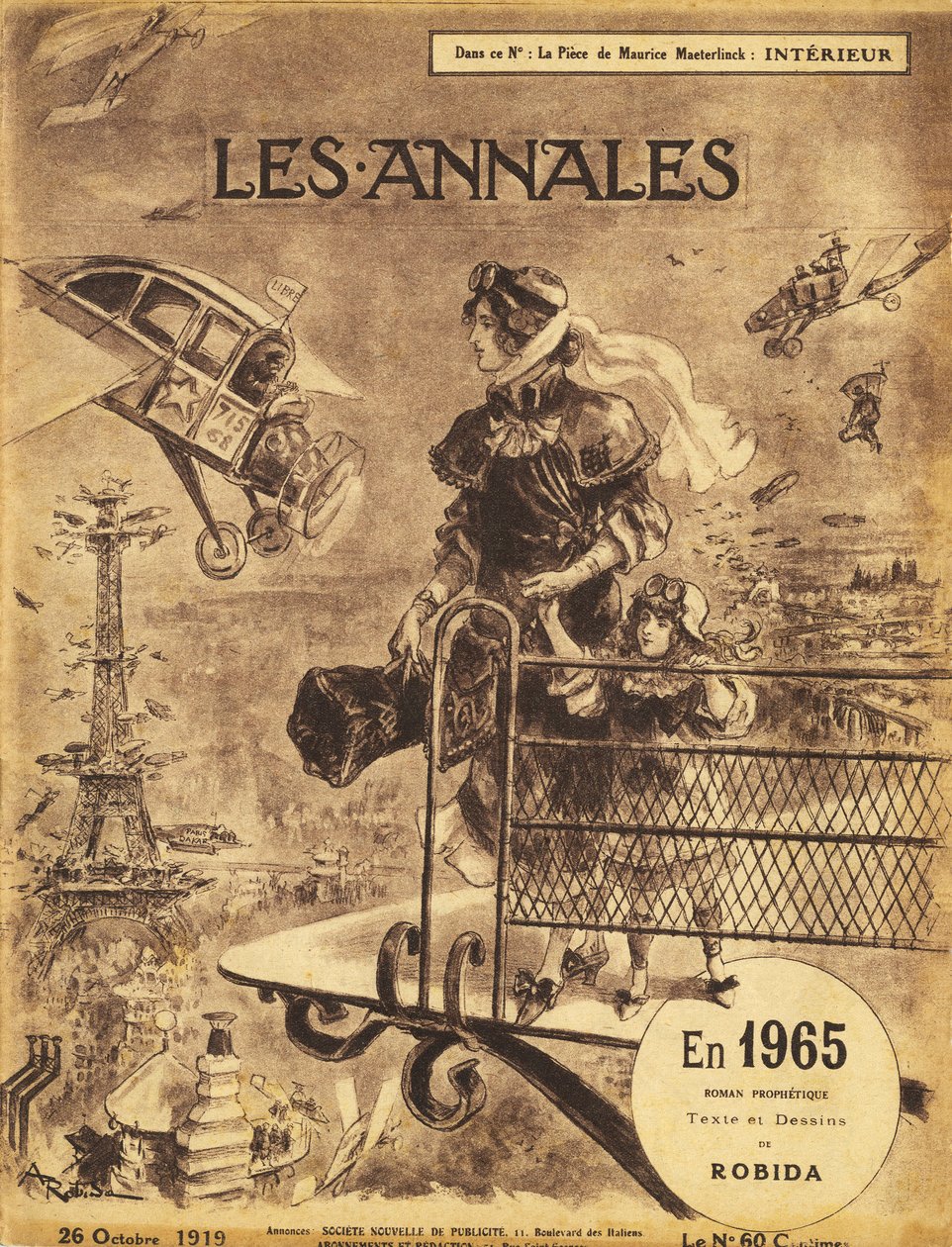 Pierwsza publikacja proroczej powieści antycypacyjnej „En 1965” Alberta Robidy (1848-1926) w 1919 roku w czasopiśmie „Annales Politiques et Litteraires” – Paryż cierpi z powodu korków… na niebie! Samoloty samolatające (samoloty) i taksówki (samolot autorstwa Albert Robida