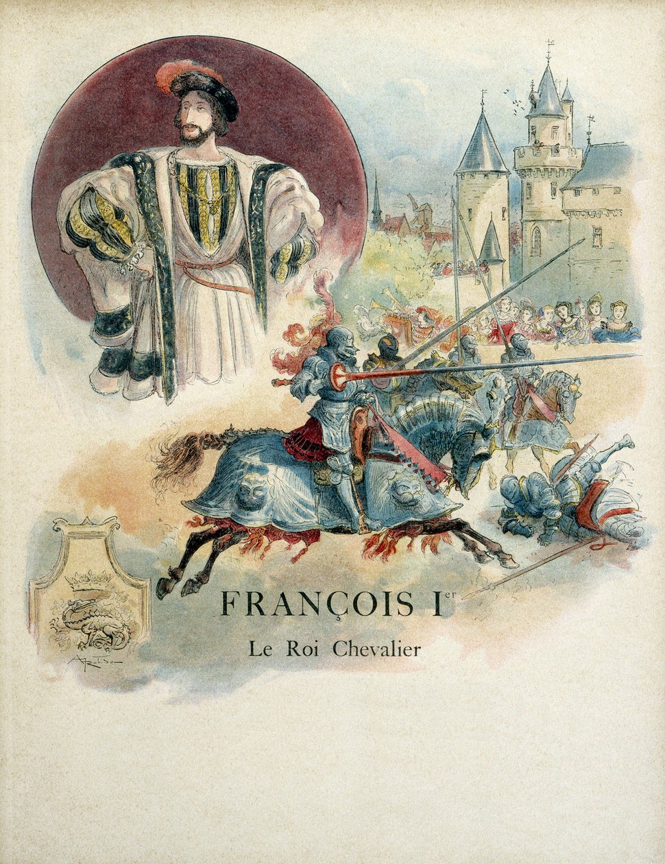 Franciszek I (1494-1547), portret króla Francji i scena turniejowa. Ilustracja Alberta Robidy (1848 - 1926) autorstwa Albert Robida