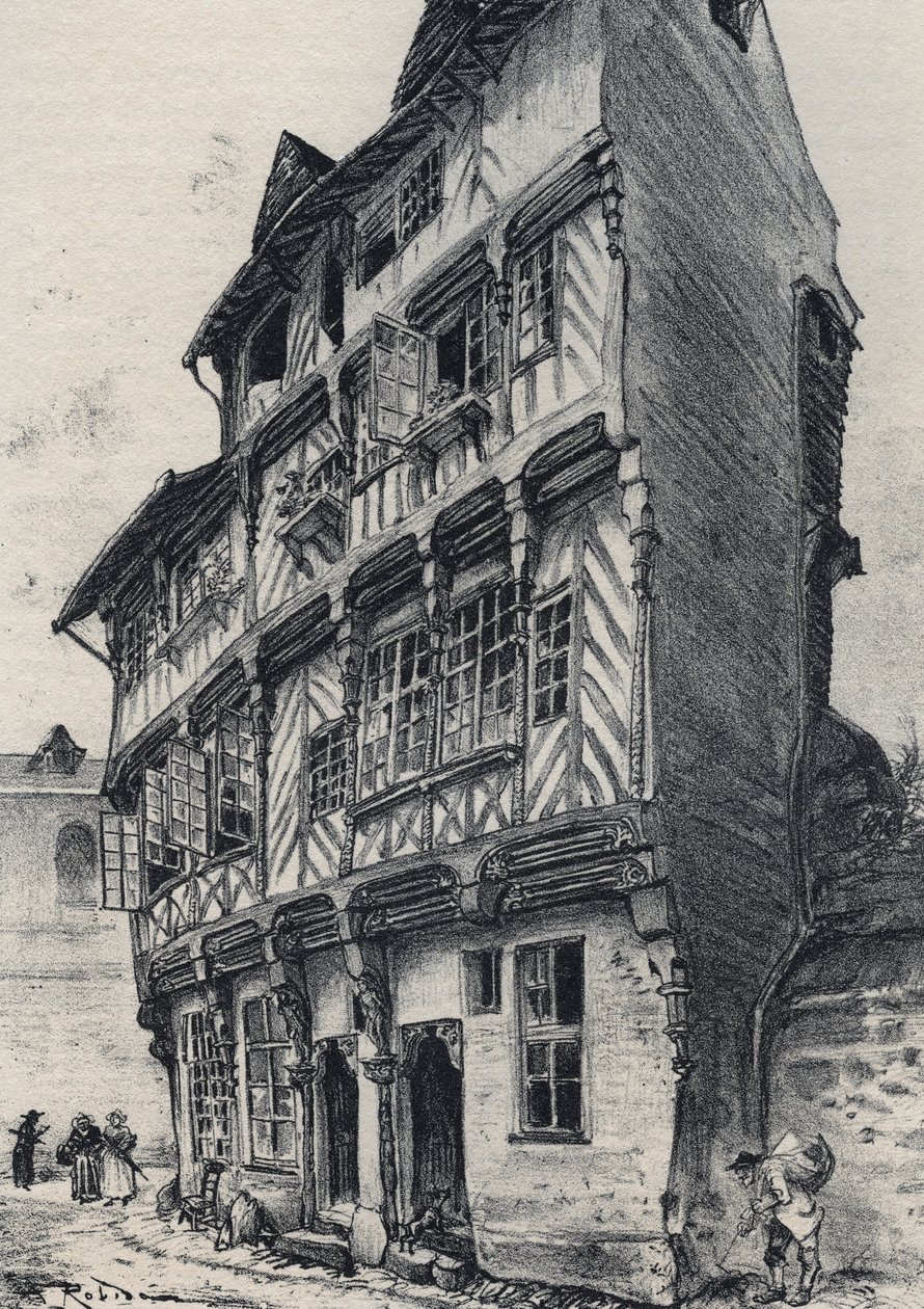 Dom rue Saint Guillaume w Rennes - Stara Francja - Bretania - tekst, rysunki i litografie, Albert Robida (1848-1926) niedatowany koniec XIX wieku autorstwa Albert Robida