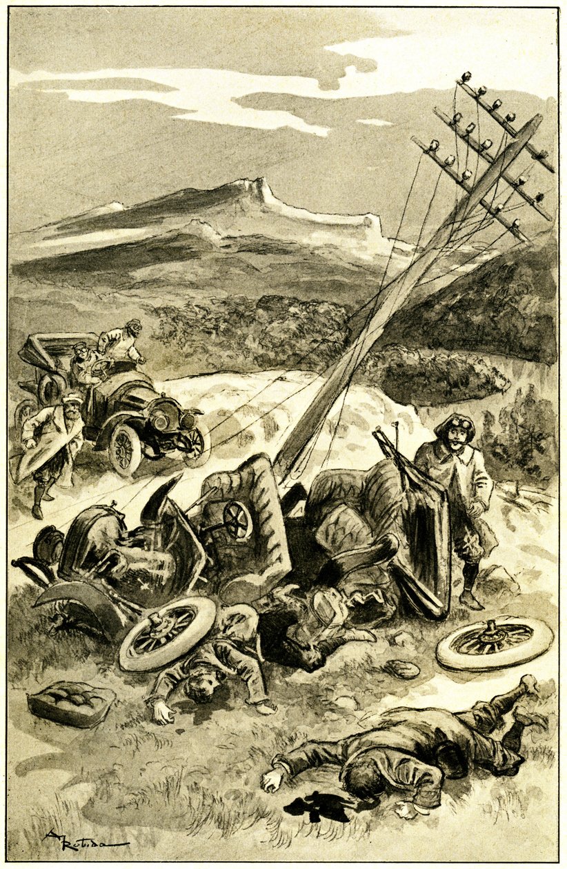 Ilustracja Alberta Robidy (1848-1926) do książki Leona Berthaulta „Le record du tour du monde”, wydanie Mame z początku XX wieku (1911) - wypadek komunikacyjny około 1900 roku: uderzenie samochodu w słup linii telegraficznej. Wyrzuca pasażerów, którzy są r autorstwa Albert Robida