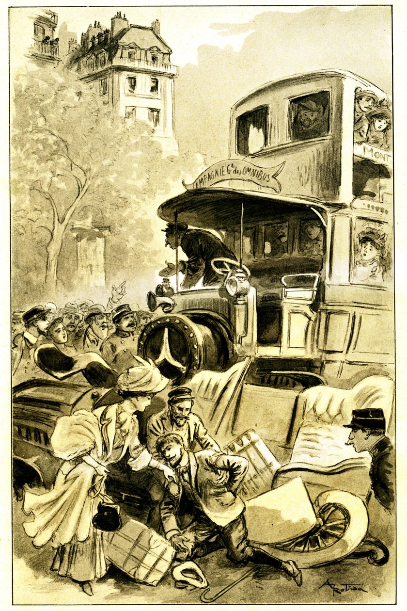 Ilustracja Alberta Robidy (1848-1926) do książki Leona Berthaulta „Le record du tour du monde”, wydanie Mame debiut XX w. (1911) - wypadek komunikacyjny w Paryżu około 1900 r.: uderzenie samochodu przez omnibus. Kierowca jest ranny – autorstwa Albert Robida