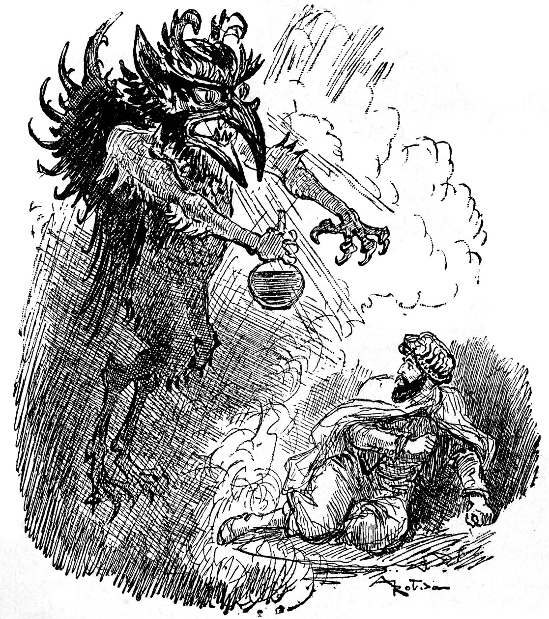Ilustracja Alberta Robidy (1848-1926) do arabskiej legendy (1001 nocy) (Opowieści z tysiąca i jednej nocy): straszny demon (zły dżin) wręcza mężczyźnie butelkę wina. rycina książki „Choix de wykłady”” Armand Colin 1926. autorstwa Albert Robida