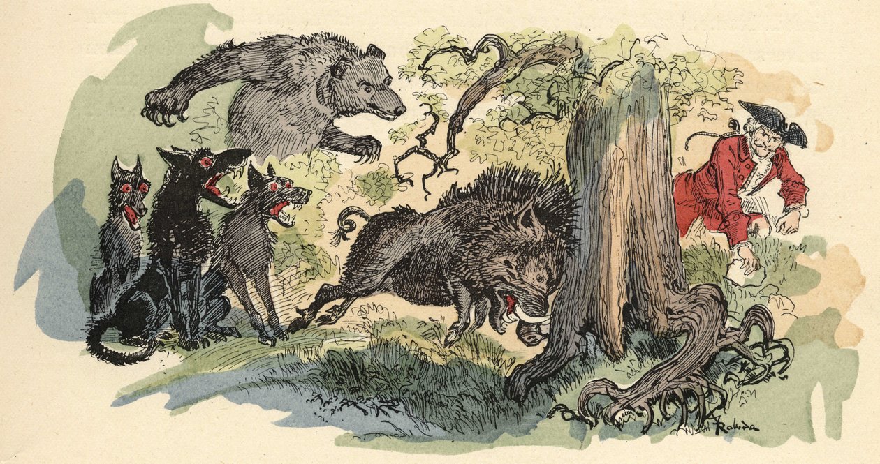 Ilustracja Alberta Robidy w „Historii i przygodach barona de Munchausena” (Munchhausen), wyd. H. Laurens, koniec XIX wieku.” autorstwa Albert Robida