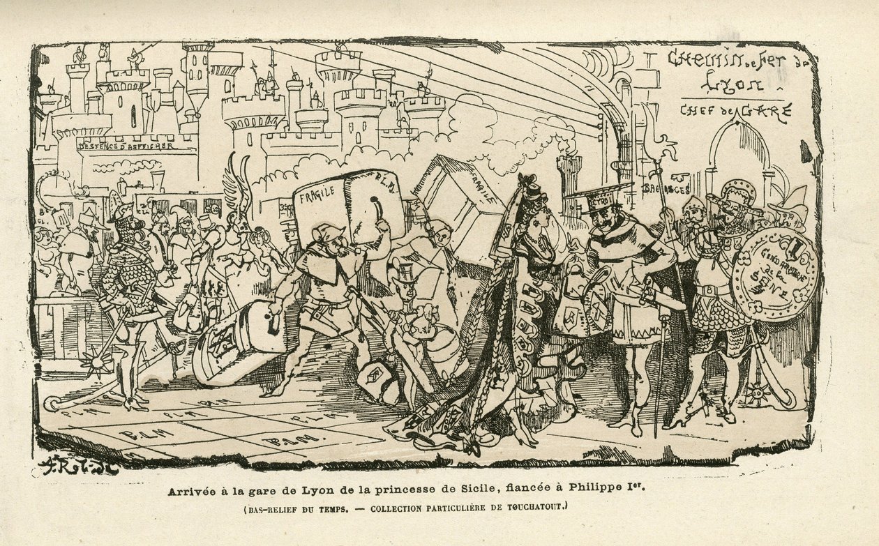 Ilustracja Alberta Robidy (1848-1926) w Histoire de France tintamarresque, ok. 1880 - Stacja, reżim Ancien, Sycylia - Philippe I autorstwa Albert Robida