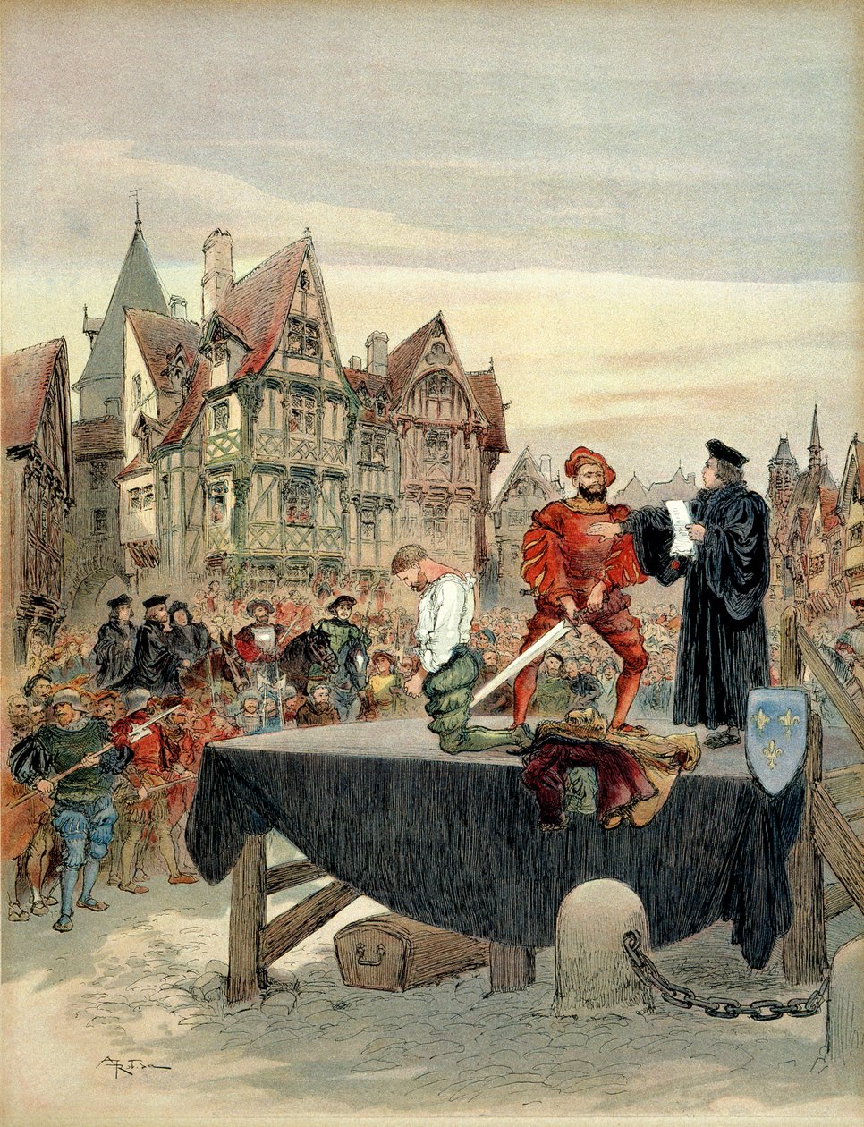 Jean de Poitiers, seigneur Saint Vallier (ok. 1475-1539), kapitan gwardii Charles de Bourbon (1489-1537) był gracie na szafocie w 1524. Ilustracja autorstwa Albert Robida