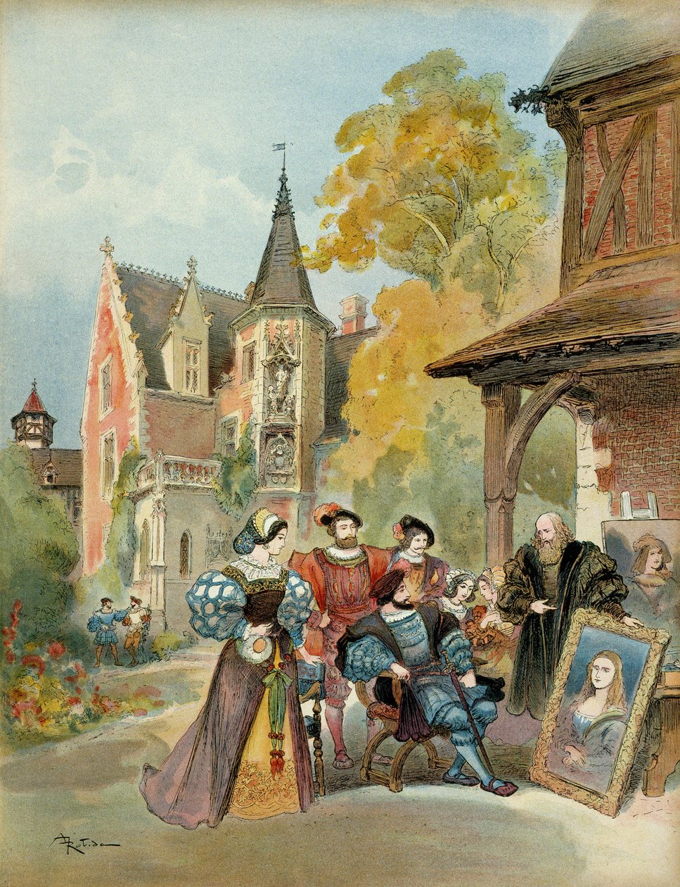 Król Franciszek I (1494-1547) kupował Mona Lisę Leonardowi de Vinci (Leonardo da Vinci) (1452-1519), w pobliżu zamku królewskiego w Amboise, w latach 1516-1519. Ilustracja autorstwa Albert Robida