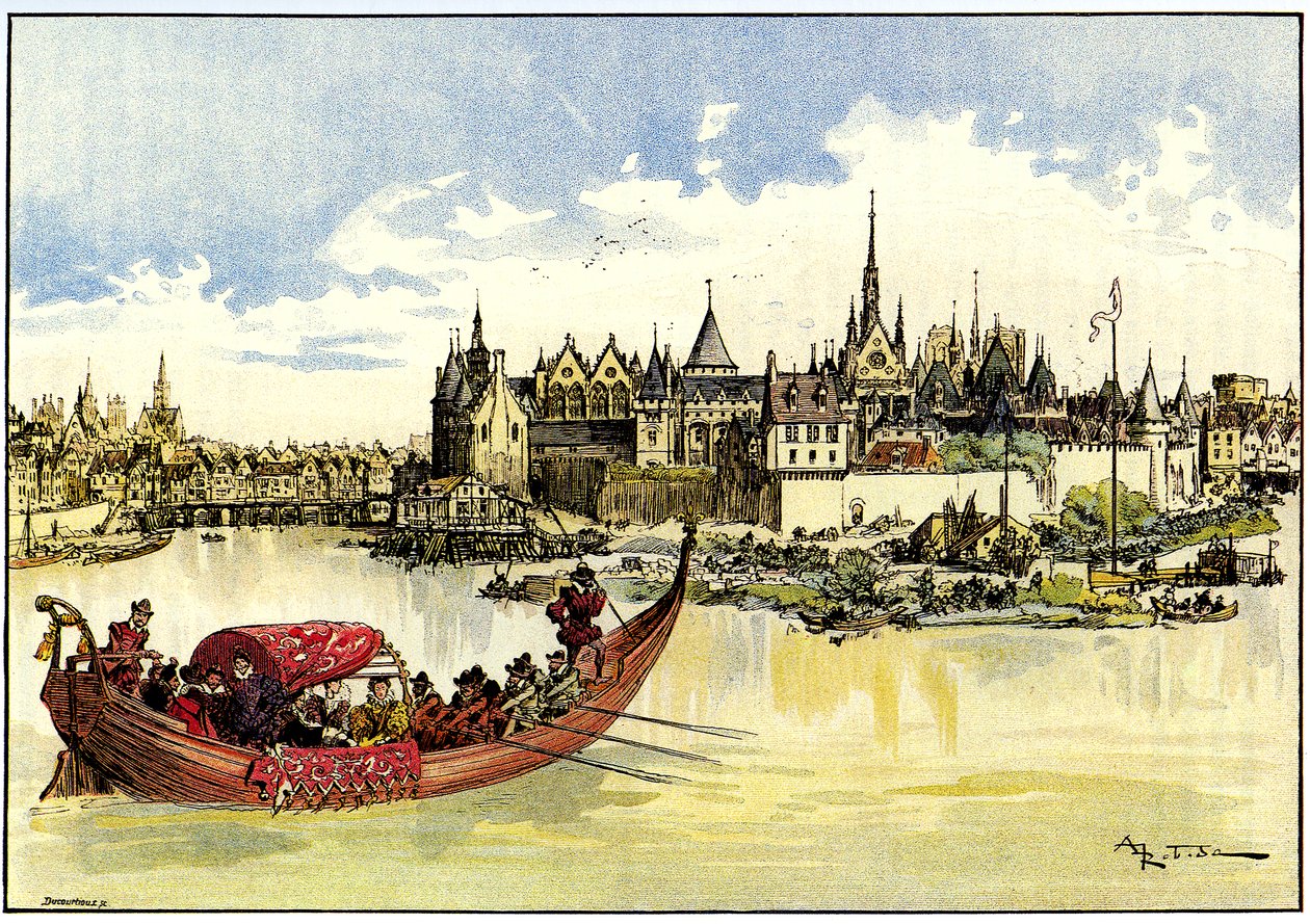 Król Henryk III w łodzi kładzie pierwszy kamień pod budowę Pont Neuf nad Sekwaną w Paryżu, 31 maja autorstwa Albert Robida