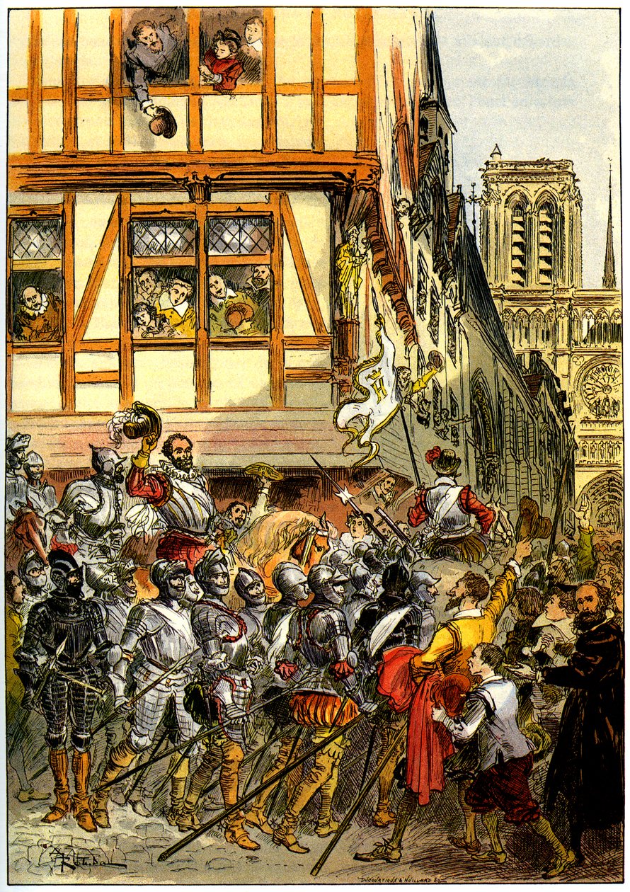 Król Francji Henryk IV wiwatowany przez tłum, gdy przybył do Notre-Dame po kapitulacji Paryża 22 marca. autorstwa Albert Robida