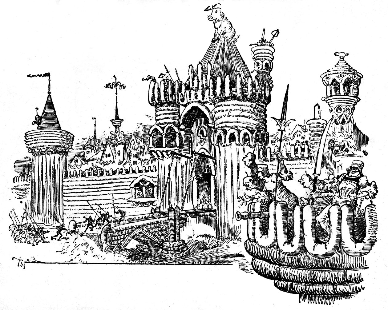 La Cite des Angouiles. Mury miejskie zbudowane są z kawałków wędlin (kiełbasa, budyń), na dachu wieży bramy wjazdowej żerdzi wielka świnia. Ilustracja Alberta Robidy (1848-1926) do odcinka Czwartej Livre Francois Rabelais - L autorstwa Albert Robida