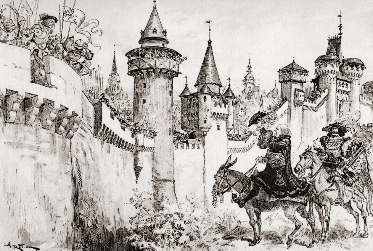 La Harangue Faite Par Ulric Gallet Picrochole lub przemowa wygłoszona przez Ulrica Galleta do Picrochole. autorstwa Albert Robida