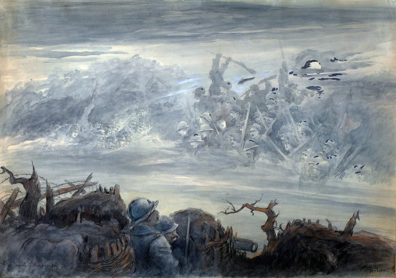 Le combat des ombres: poilus dans une tranchee wyobrażający sobie atak upiornych żołnierzy autorstwa Albert Robida