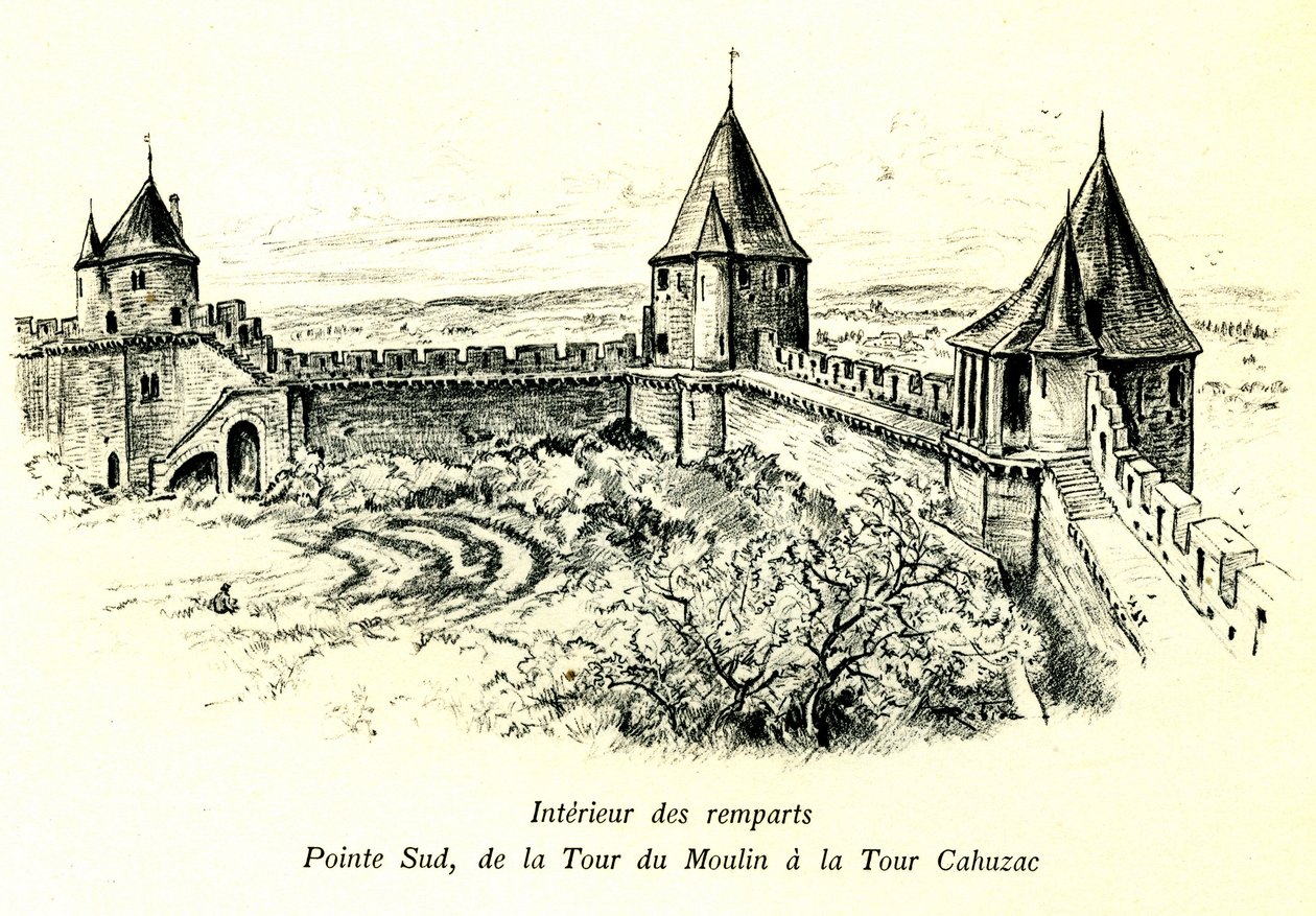Średniowieczne miasto Carcassonne (Aude, Langwedocja, Kraj Katarów) - Wnętrze murów obronnych, południowy kraniec, od wieży Moulin do wieży Cahuzac - lokalizacja teatru na świeżym powietrzu - romantyczna rycina Alberta Robidy (1848-1926) w książka opubliko autorstwa Albert Robida
