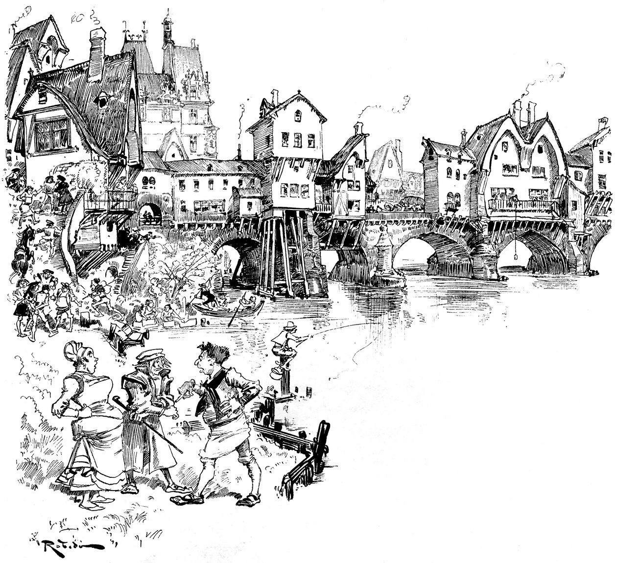 Paryż: Sekwana, most z domami, mieszkańcy, paryżanie, sceny z życia Paryża w średniowieczu - architektura - siedlisko miejskie - rzeka - ilustracja Alberta Robidy (1848-1926) autorstwa Albert Robida