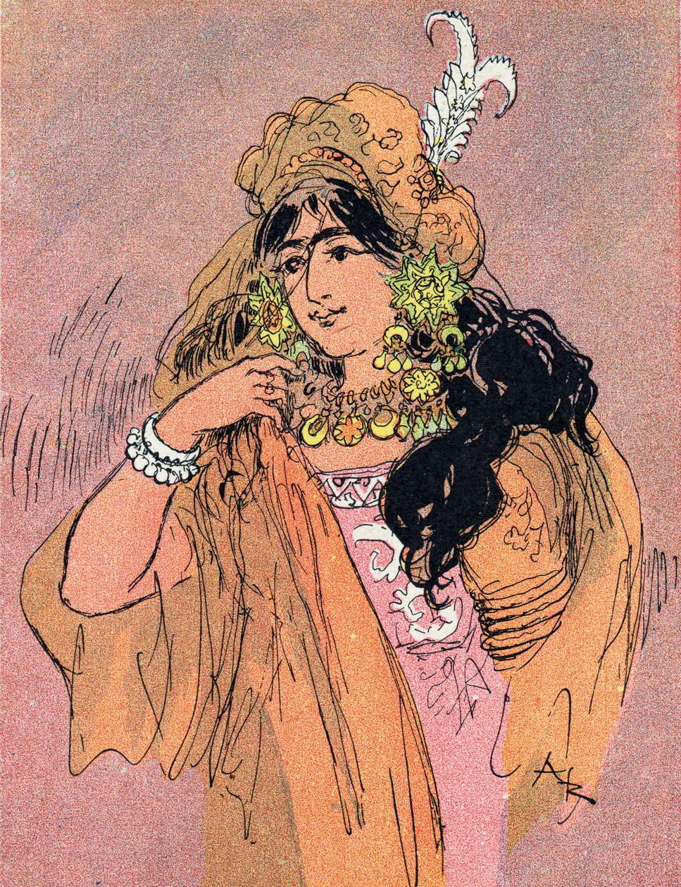 Portret Księżniczki Bradoulboudour (Portret Księżniczki Badroulbadour) Ilustracja Alberta Robidy (1848-1926) do bajki „Aladyn i cudowna lampa” w „Les mille et une nuits”” (Ilustracja do bajki „Aladyn” w „” Księga One Tho autorstwa Albert Robida
