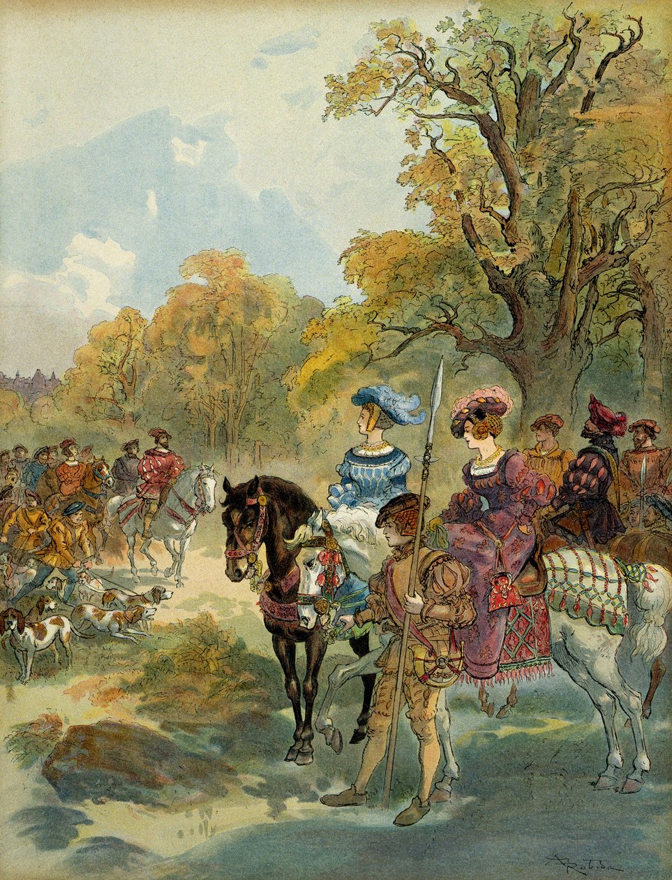 Królewskie polowanie Franciszka I (1494-1547). Ilustracja autorstwa Albert Robida