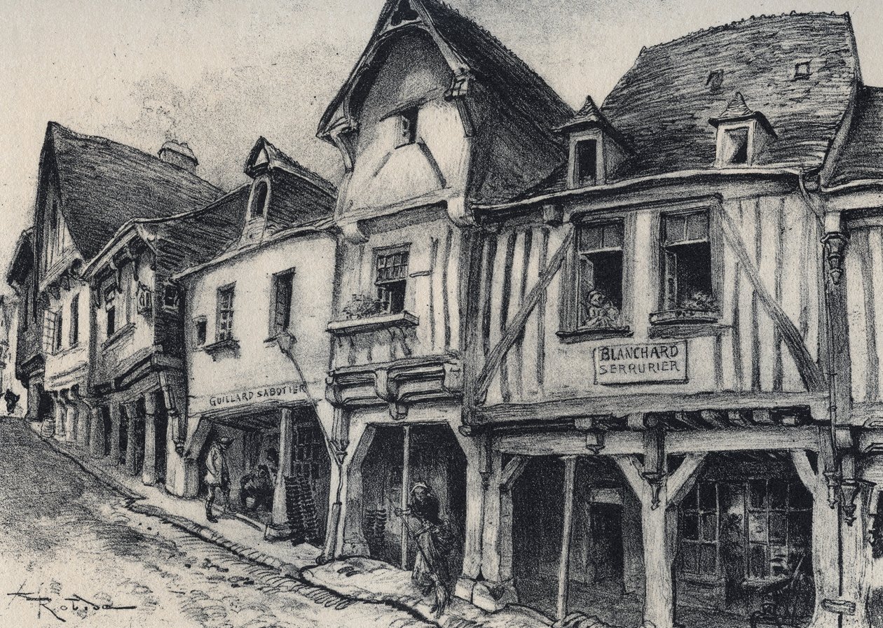 Rue Poterie a Fougeres w departamencie Ille-et-Vilaine - La vieille France - La Bretagne - tekst, rysunki i litografie, autorstwa Alberta Robidy (1848-1926) autorstwa Albert Robida