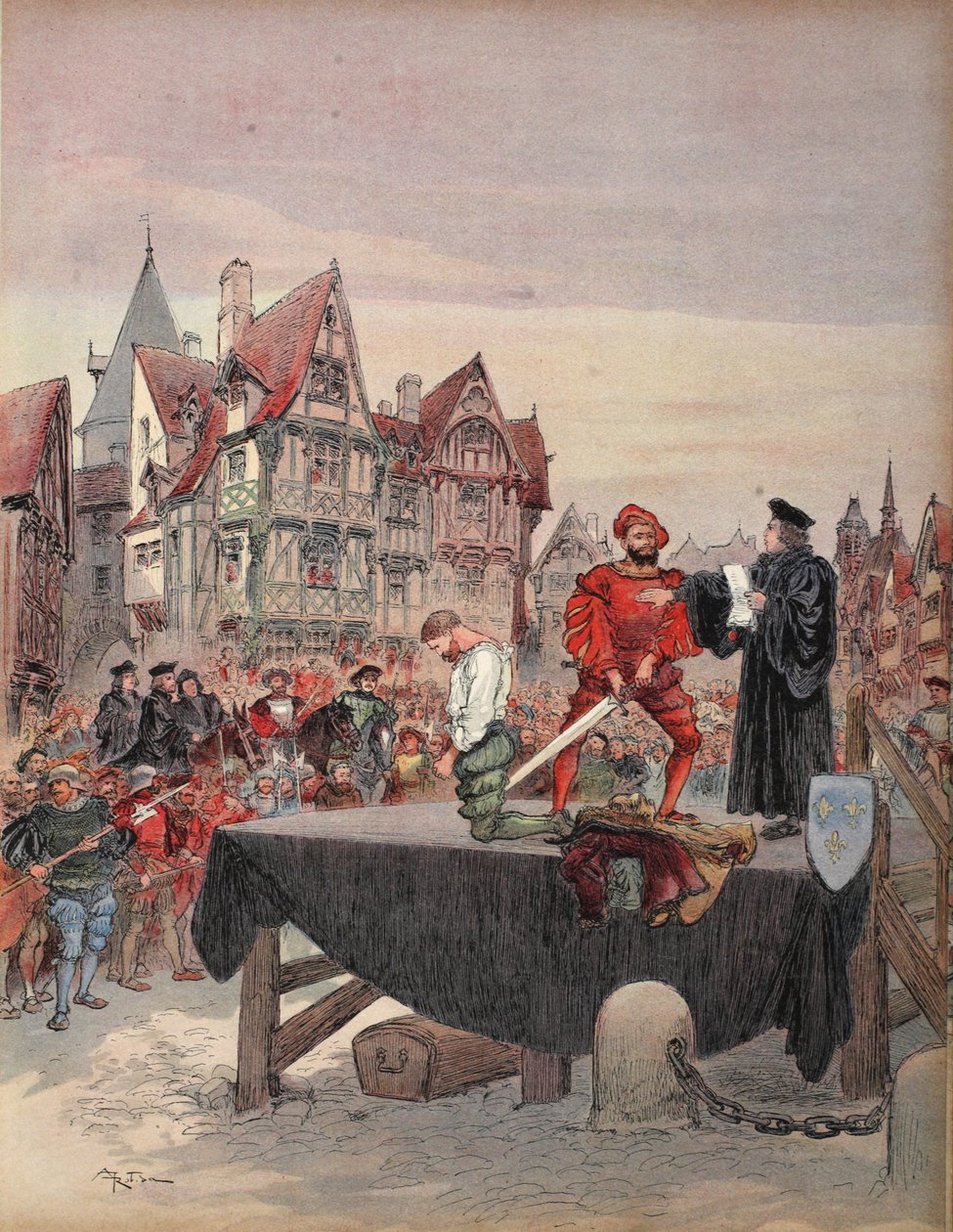 Saint Vallier ułaskawiony na rusztowaniu, ilustracja z „Francois Ier: Le Roi Chevalier, George G. Toudouze, wyd. 1909 autorstwa Albert Robida