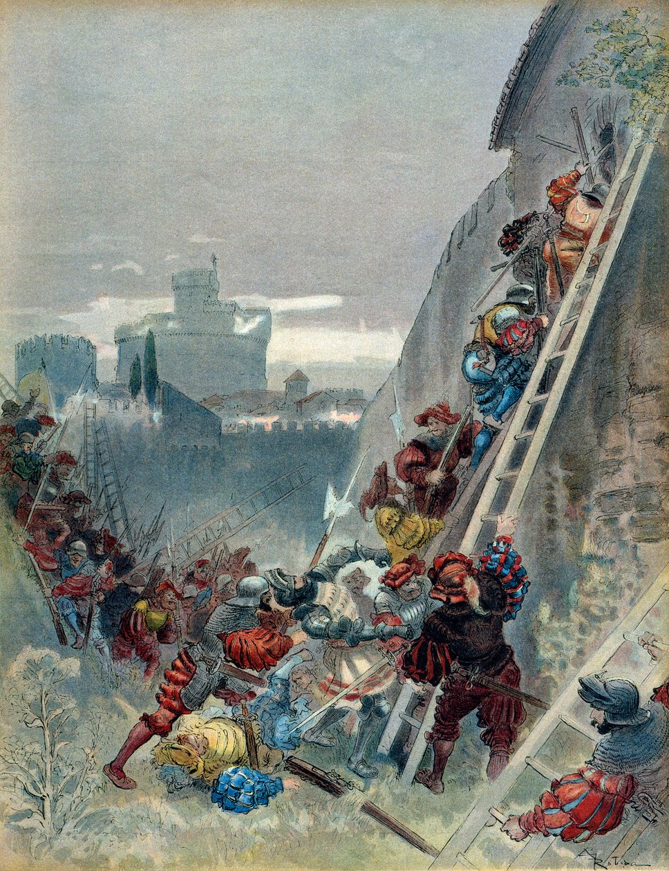 Siódma wojna włoska (1526-1529): Śmierć Karola III Burbona (1490-1527) podczas oblężenia Rzymu 6 maja 1527 r. Ilustracja autorstwa Albert Robida
