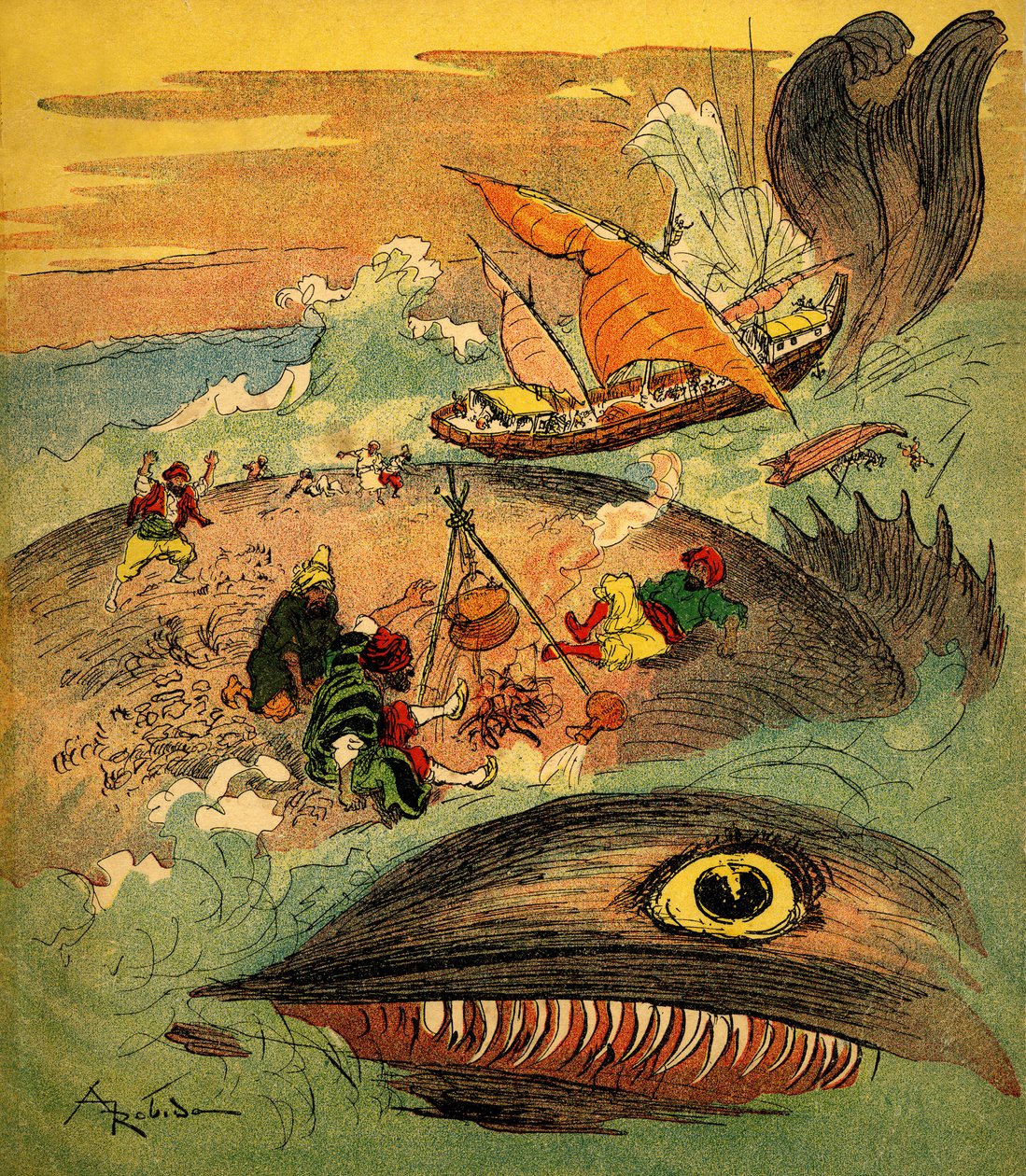 Sindbad żeglarz (Sinbad) - Opowieść o tysiącu i jednej nocy (1001) - księga z 1948 roku opowiadająca o jego przygodach (wydanie Fortin, kolekcja Cudowne obrazowanie dzieciństwa) - ilustracja Alberta Robidy (1848 - 1926): Sindbad i jego towarzysze przegrany autorstwa Albert Robida