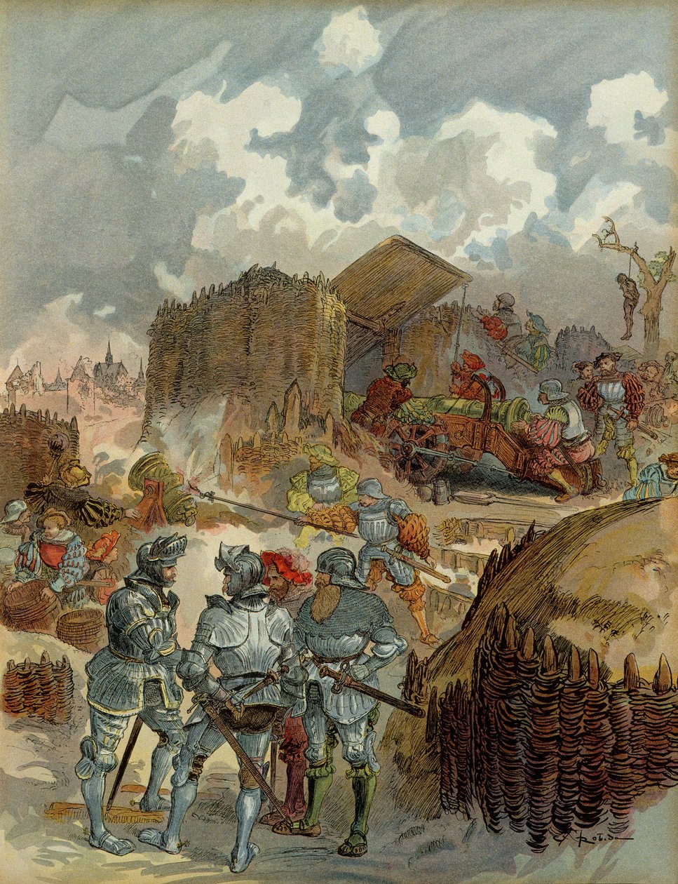 Szósta wojna włoska (1521-1526): Pierre Terrail de Bayard (1476-1524) w kwaterze głównej Mezieres w 1521 r. Ilustracja autorstwa Albert Robida