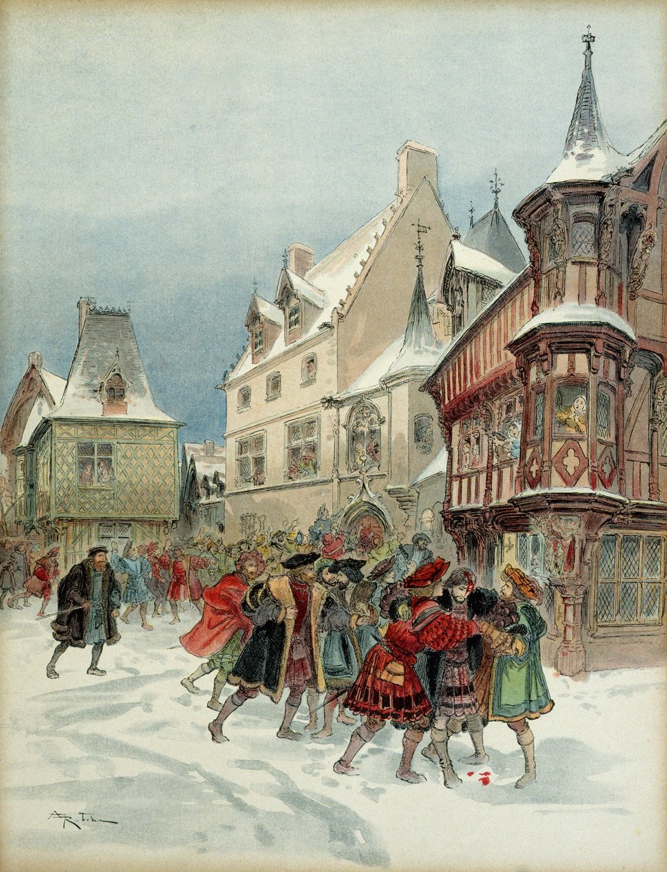 Bitwa na śnieżki w Romorantinie (Francja). Król Franciszek I (1494-1547) ranił 6 stycznia szturm na rezydencję Saint Pol autorstwa Albert Robida