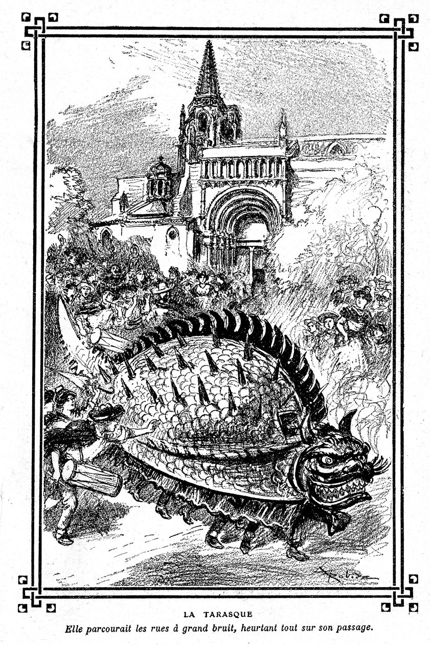 Tarasque Tarascona, bajeczny potwór folkloru Prowansji: ilustracja Alberta Robidy do podręcznika szkolnego „Wybór czytań” A Mironneau, Librairie Armand Colin 1911 - autorstwa Albert Robida
