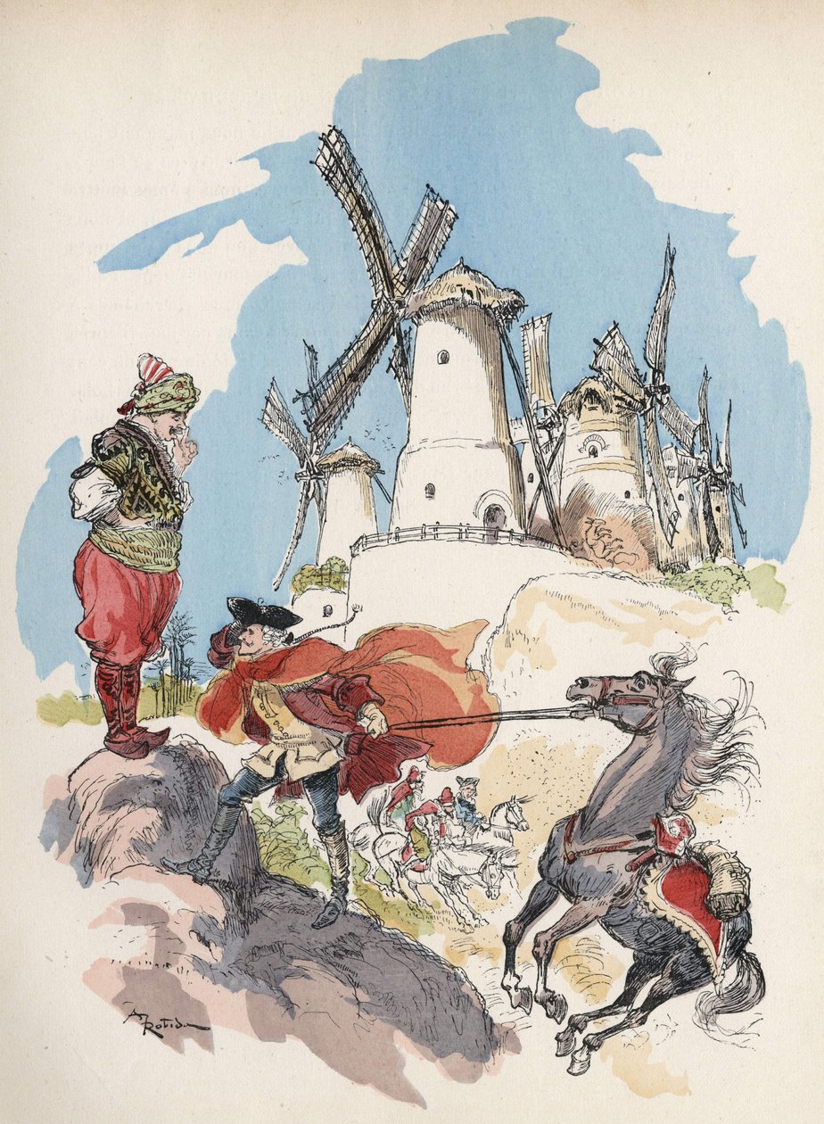 Baron de Munchausen, który właśnie przekroczył granicę Egiptu, zostaje złapany w burzę sprowokowaną przez wielką figurę, aby uruchomić 7 młynów. „”Ilustracja Alberta Robidy – w „”Historii i przygodach barona de Munchausena””(Munchhausen), H. Laurens Ed., p autorstwa Albert Robida