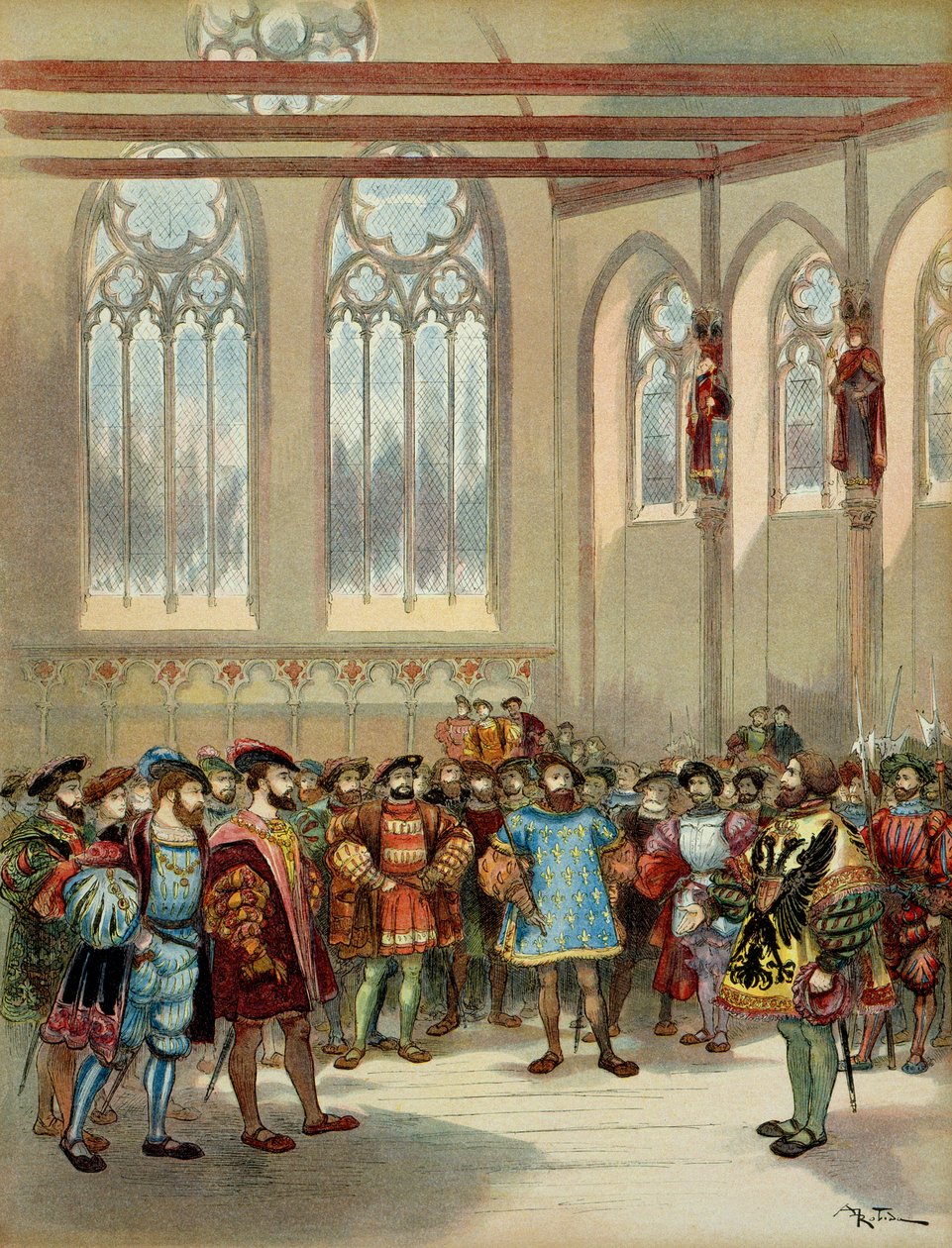 Heraut burgundzki, wysłany przez Karola V (1500-1558), został przyjęty przez Franciszka I (1494-1547) w wielkiej sali Parliamentarom w Paryżu w pierwszej połowie XVI wieku. Ilustracja autorstwa Albert Robida