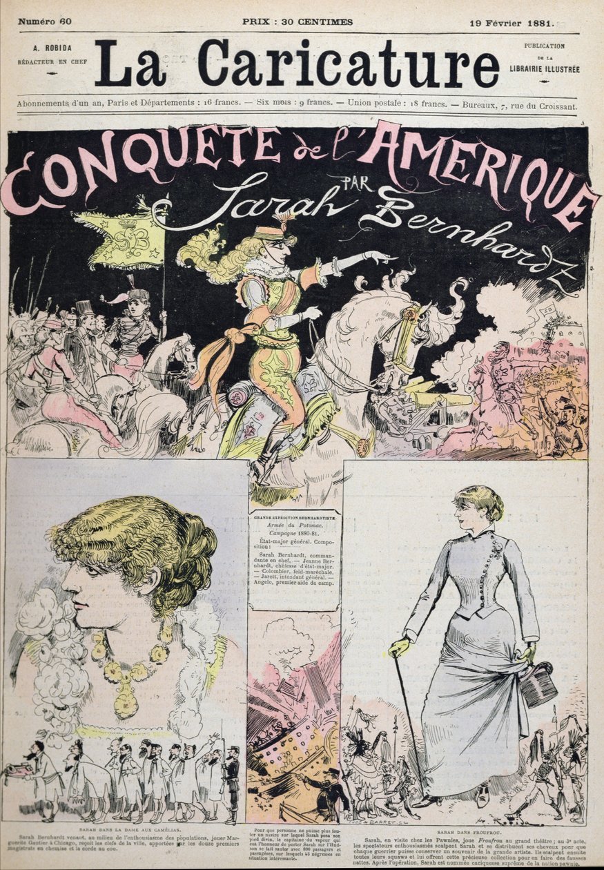 „Podbój Ameryki” Sarah Bernhardt, rysunek z magazynu „La Caricature” autorstwa Albert Robida