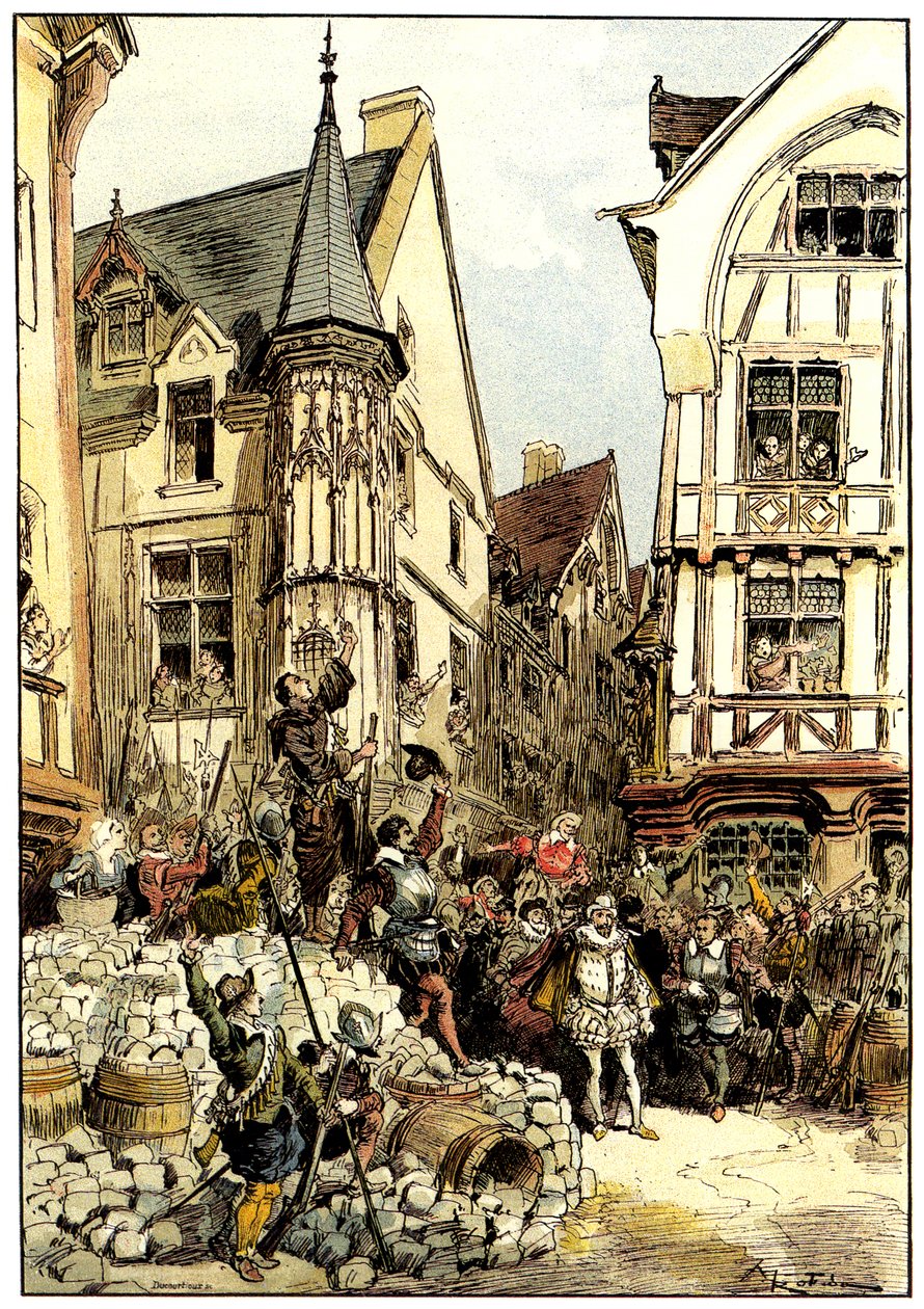 Duc de Guise wiwatowany przez tłum i żołnierzy pułku Gardes Francaises w Paryżu w Dniu Barykady autorstwa Albert Robida