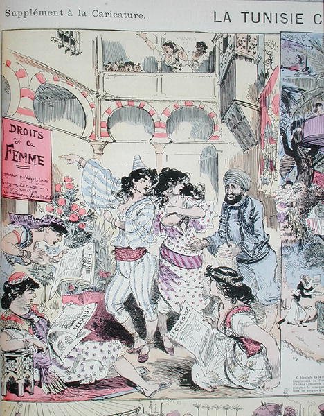„Prawa kobiet” w Tunezji, rysunek z „Karykatury” 1883 (kolor lito) autorstwa Albert Robida