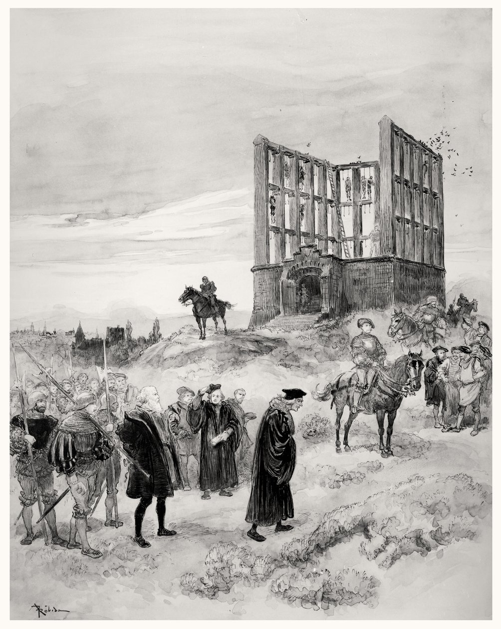 Nadinspektor Jacques de Semblancay (ok. 1445-1527) skazany na śmierć, podchodząc do szubienicy Montfaucon, 1909 (wc na papierze) autorstwa Albert Robida