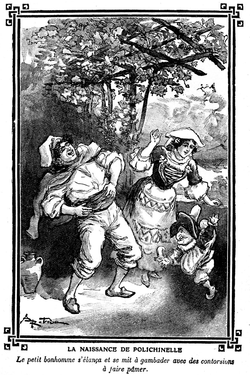 Narodziny Polichinelle. Rysunek Alberta Robidy (1848-1926) w księdze czytań dla dzieci 1920-1930. autorstwa Albert Robida