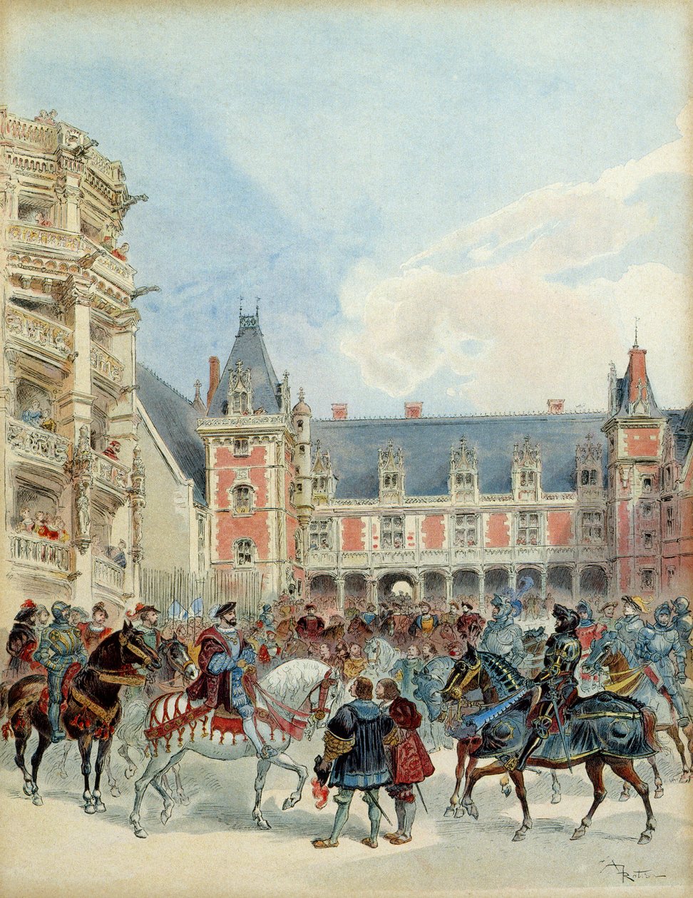 Dwór Franciszka I (1494-1547) na zamku królewskim w Blois, przed 1524 rokiem. Ilustracja autorstwa Albert Robida