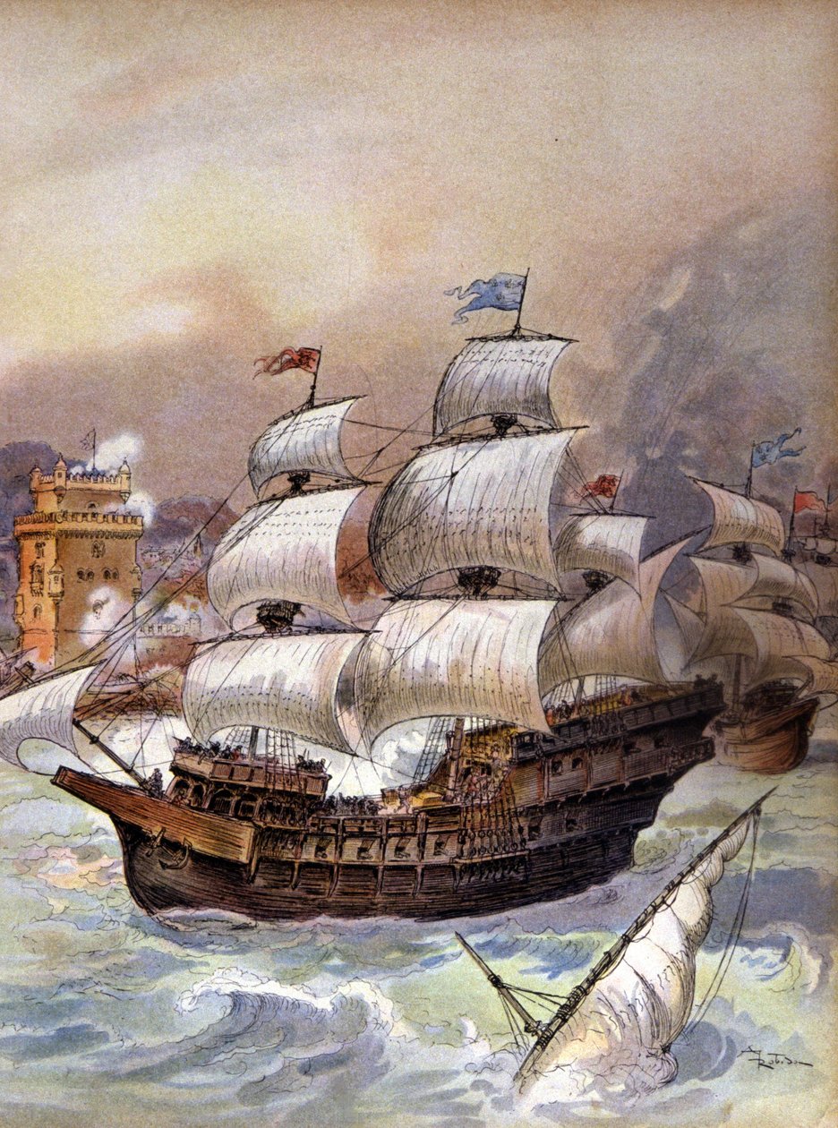 Flota Jeana Ango blokuje Tag i zagraża Lizbonie, ok. 1909 r. (Ilustracja) autorstwa Albert Robida