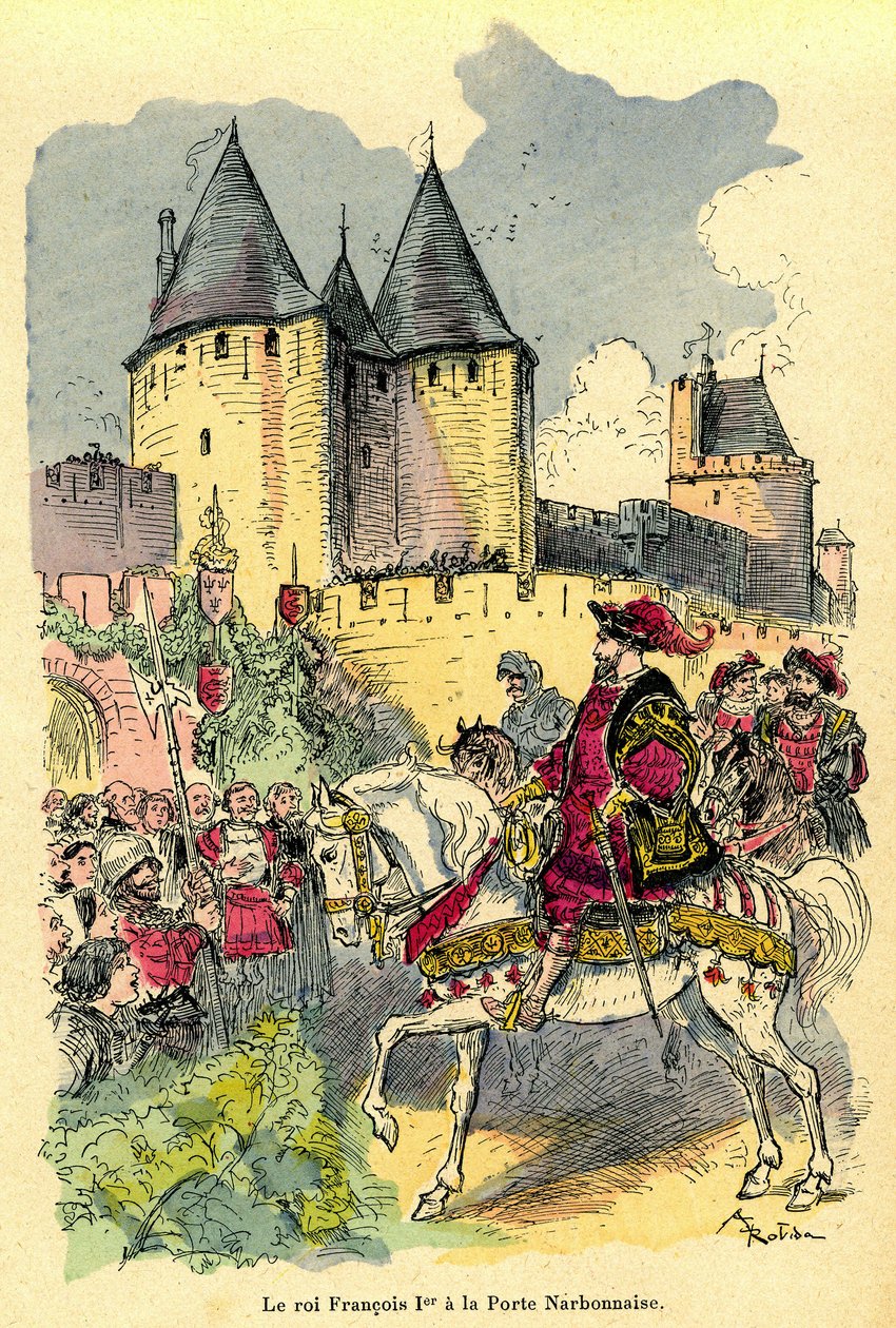 Król Francji Francois I przybywa na koniu przed Cite de Carcassonne, Porte Narbonnaise. Ilustracja: Albert Robida (1848-1926): okładka książki „Le tresor de Carcassonne”” pierwsze wydanie H. Laurens 1921. autorstwa Albert Robida