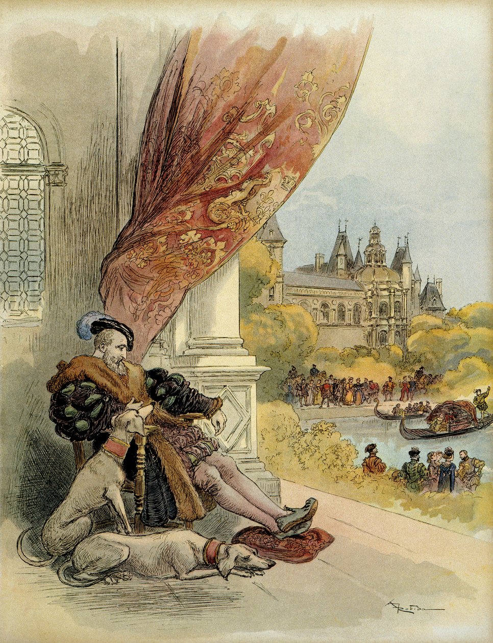 Ostatnie dni Francois 1 (1494-1547), na zamku Rambouillet. Ilustracja autorstwa Albert Robida