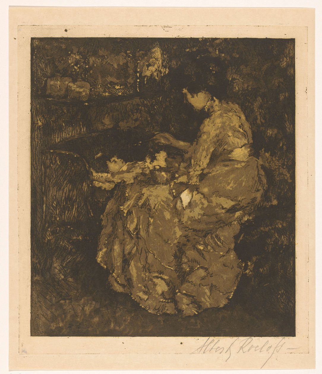 Kobieta karmiąca dziecko owsianką w łóżeczku autorstwa Albert Roelofs (signed by artist)