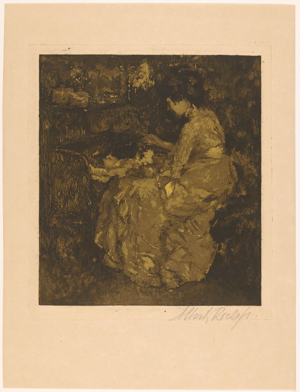 Kobieta karmiąca dziecko owsianką w łóżeczku autorstwa Albert Roelofs (signed by artist)