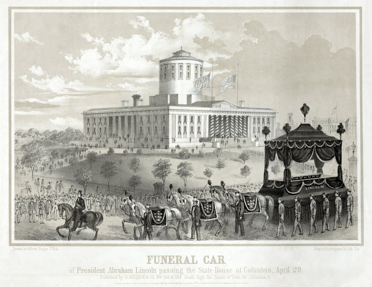 Wóz pogrzebowy prezydenta Abrahama Lincolna przejeżdżający przez State House w Columbus, 29 kwietnia, wyd. 1865 (grawerowanie) autorstwa Albert Ruger