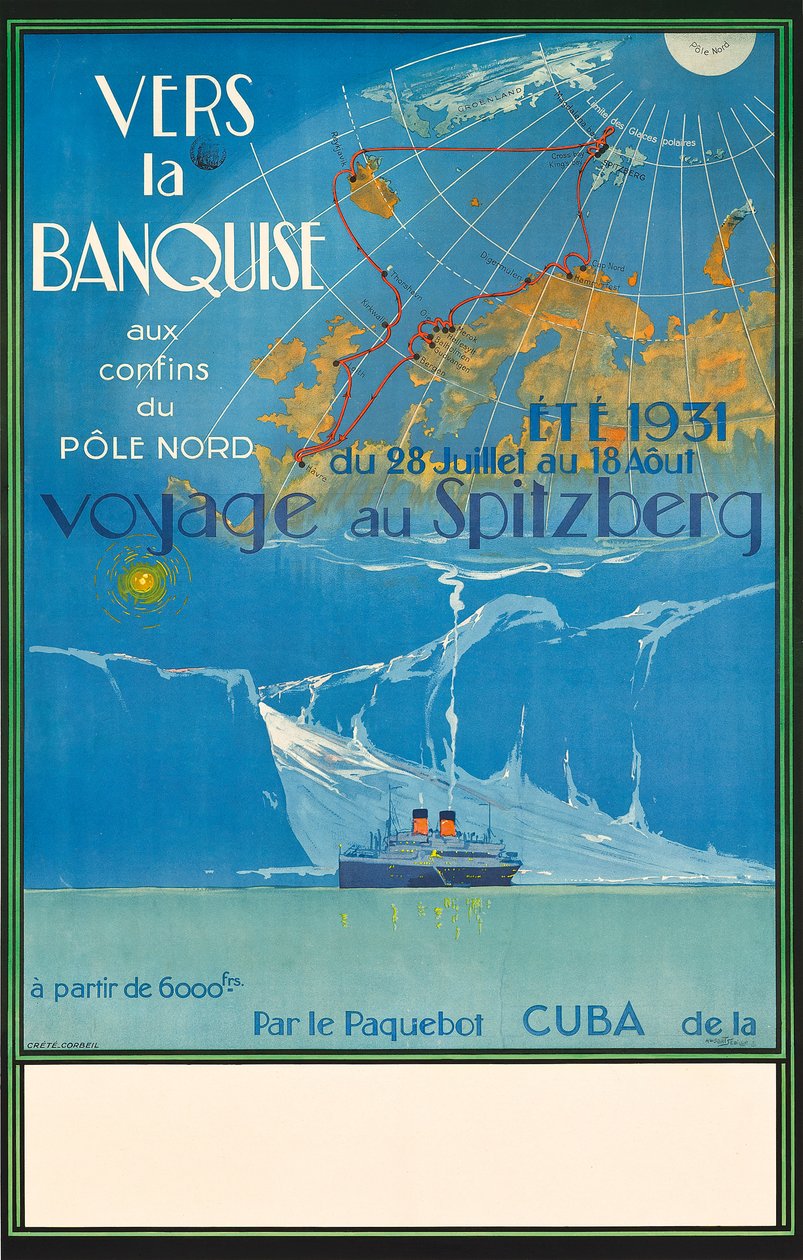 Plakat reklamujący podróż do Spitzberg w Norwegii, ok. 1931 r. (litografia kolorowa) autorstwa Albert Sébille
