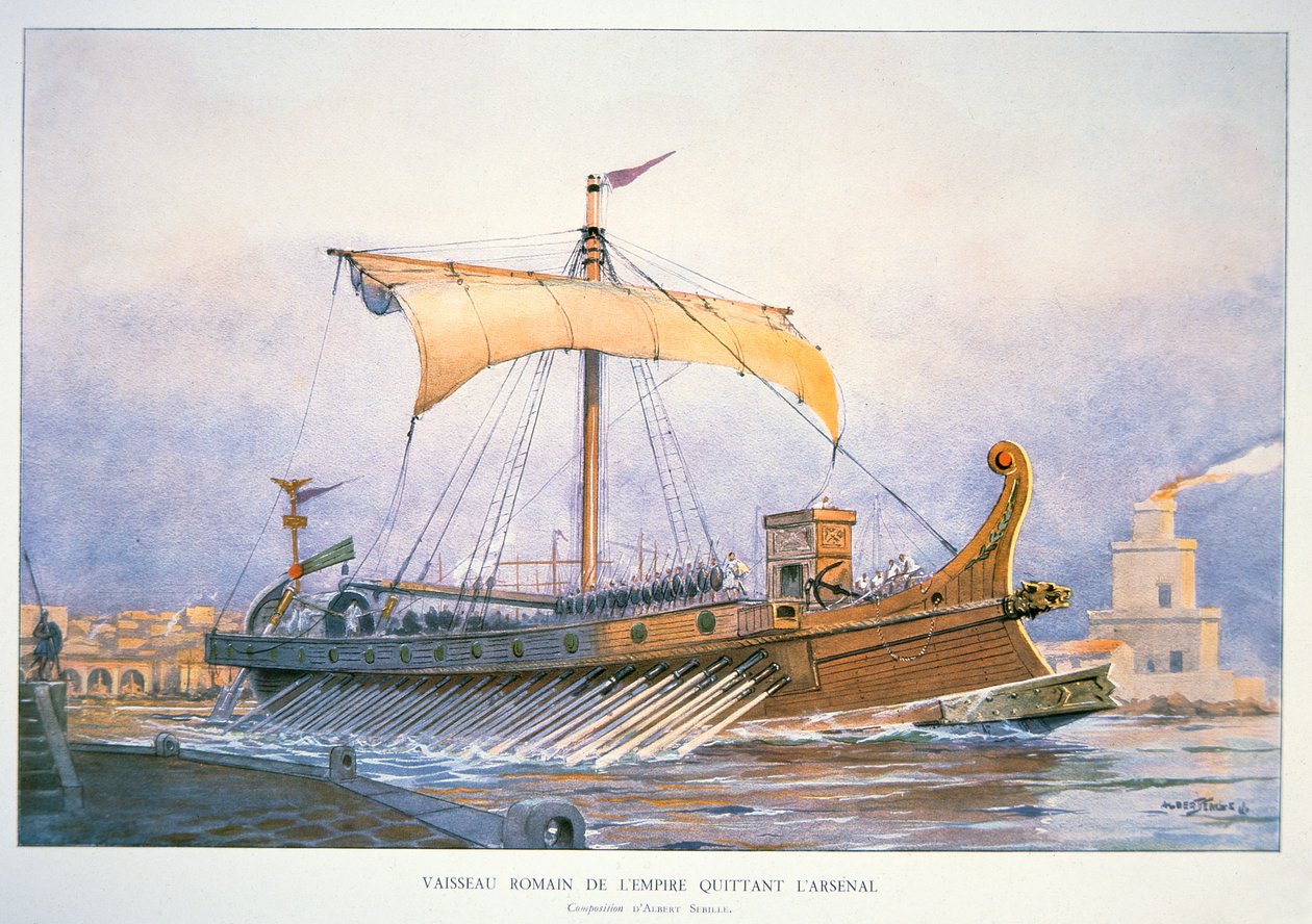 Rzymski statek cesarski opuszczający port, ok. 1930 r. (kolorowa litografia) autorstwa Albert Sébille