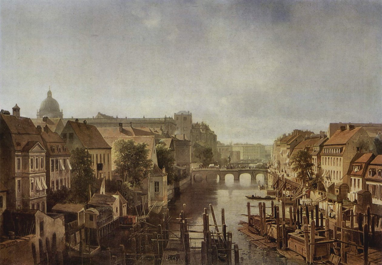 Widok z Młynów Królewskich przy Mühlendamm na Lange Brücke w Berlinie autorstwa Albert Schwendy