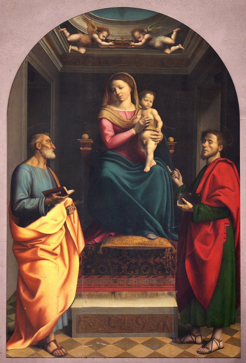 Madonna ze świętymi Piotrem i Łukaszem, pierwsze dwadzieścia lat XVI wieku (obraz) autorstwa Albertino (attr.to) Piazza