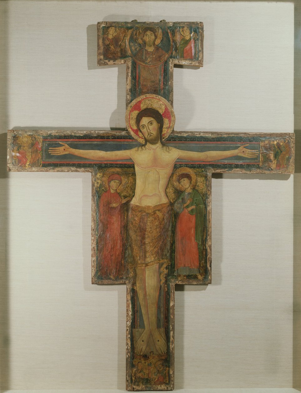 Ukrzyżowanie z Matką Boską i św. Janem, koniec XII w. (tempera na płótnie ułożonym na desce) autorstwa Alberto Sotio