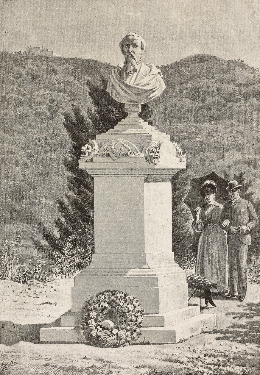 Pomnik Paolo Giacomettiego (1816-1882) na cmentarzu Staglieno, Genua, Włochy, rycina na podstawie rysunku Alberto della Valle, z "L