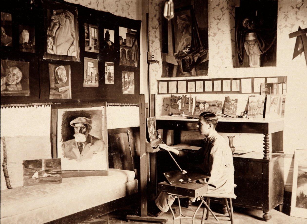 Artysta Guglielmo Ghini w swoim studio, Ponte a Vingone, Scandicci, Florencja, 09/1920 (zdjęcie czarno-białe) autorstwa Alberto Fierli