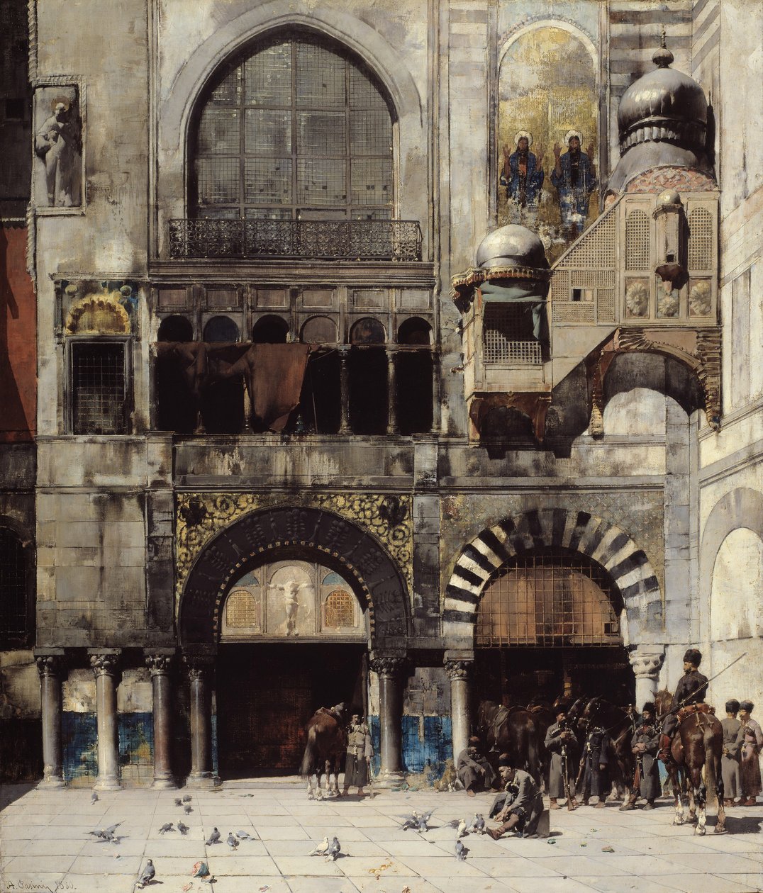 Kawaleria czerkieska w oczekiwaniu na dowódcę pod drzwiami bizantyjskiego pomnika, Pamięć Wschodu, 1880 autorstwa Alberto Pasini